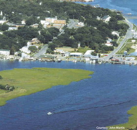 Aerial view of Southport, NC waterway.