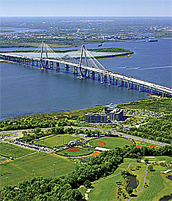 Aerial view of Charleston's Arthur Ravenel Bridge taken from the Mt. Pleasant side