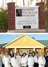 Photos of Palmetto Primary Care, doctors in front of one of their locations, and a Palmetto Primary Care sign