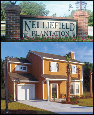 Neighborhood signage and a home in Nelliefield Plantation in Daniel Island, SC
