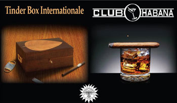 This picture contains the following elements: the Tinder Box Internationale logo, the Club Habana logo, a cigar and cigar box, cigar on top of a alchohlic beverage, sun with smiling face