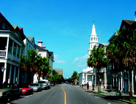 A picture of houses in Charleston and a street